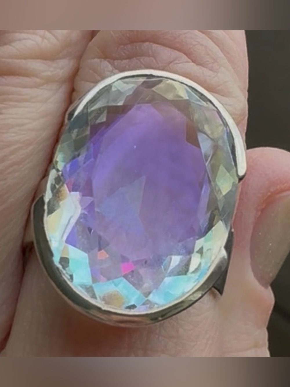 Stunning mystic aura topaz and sterling Silver statement Ring, size 6.5